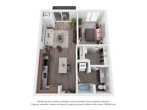 Floor plan for 1 bed, 1 bath, 735 sqft